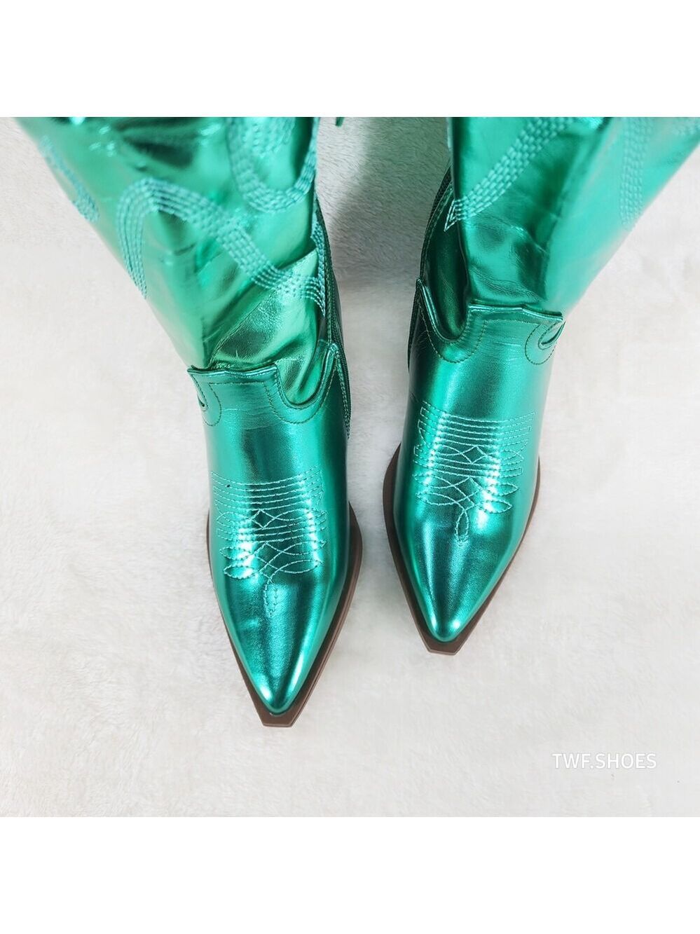NIB Country Disco Cowboy Metallic Green Western Cowgirl OTK Thigh Boots - Picture 5 of 16
